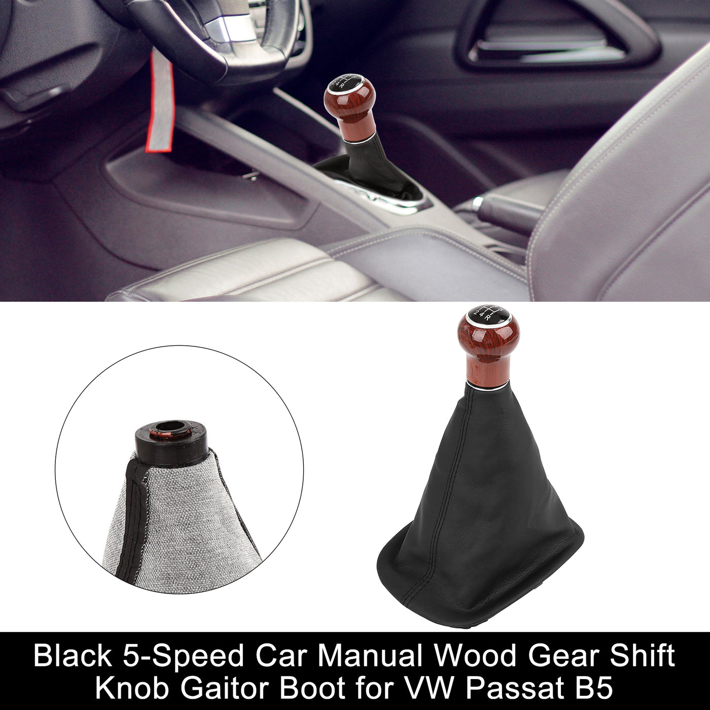 X AUTOHAUX Black Car Manual 5-Speed Wood Gear Stick Shift Knob Gaitor Boot for VW Passat B5 Leatherette