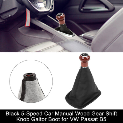 Harfington Black Car Manual 5-Speed Wood Gear Stick Shift Knob Gaitor Boot for VW Passat B5 Leatherette