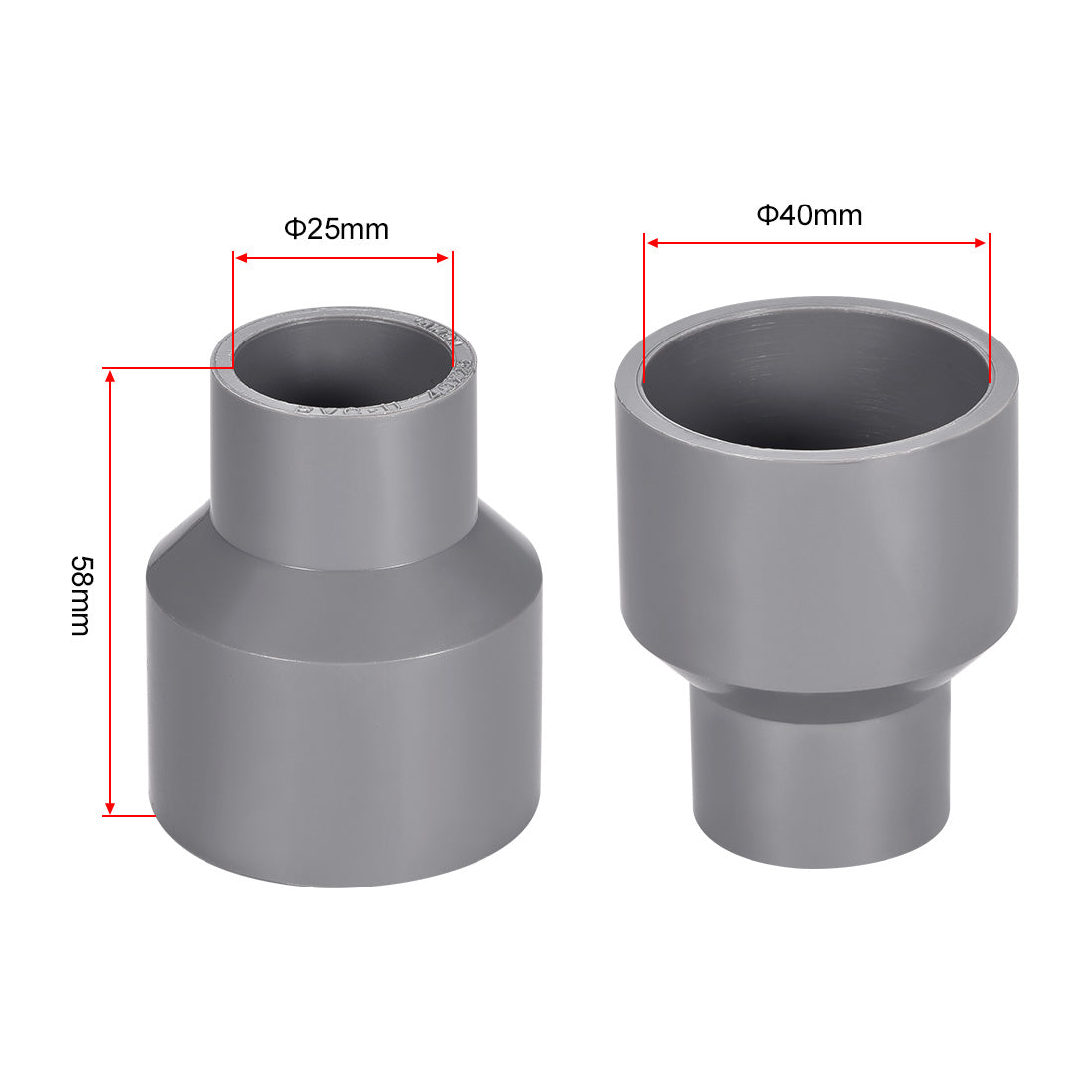 uxcell Uxcell 40mm x 25mm PVC Reducing Coupling Hub by Hub, DWV Pipe Fitting, Grey 2Pcs