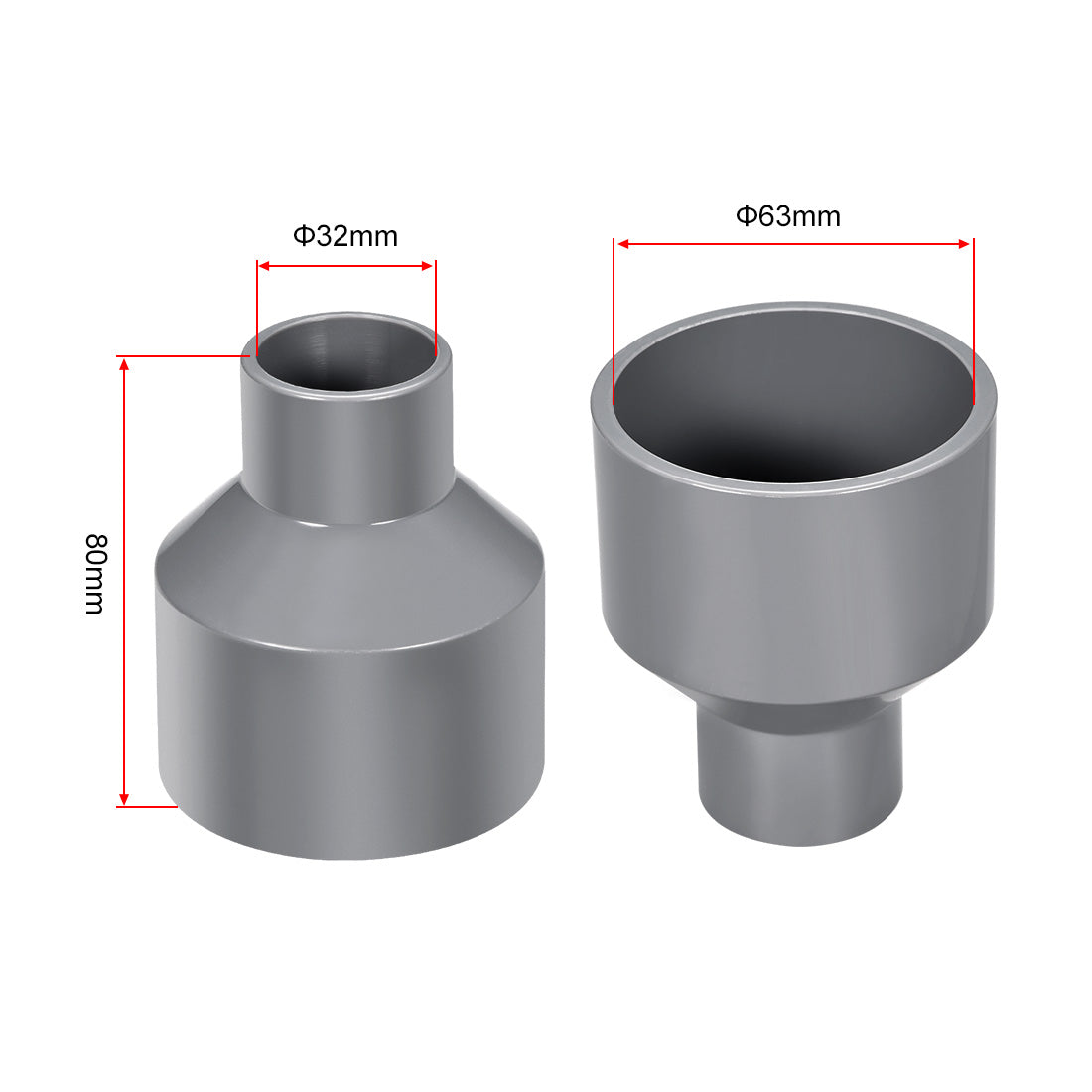 uxcell Uxcell 63mm x 32mm PVC Reducing Coupling Hub by Hub, DWV Pipe Fitting, Gray 2Pcs