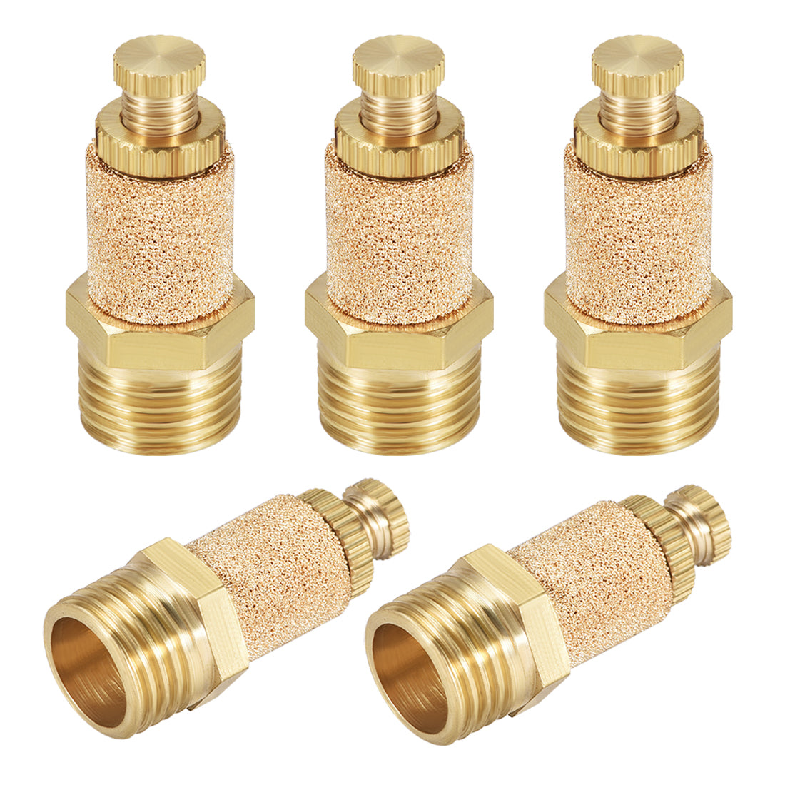 uxcell Uxcell Sintered Bronze Exhaust Muffler Top Adjustable G1/4 - Brass Body Pneumatic Air Muffler Air Flow Speed Controller Brass Flow Control Muffler 5pcs