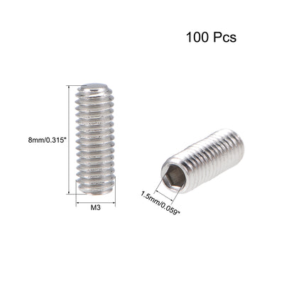 Harfington Uxcell 100Pcs M3x8mm Internal Hex Socket Set Grub Screws Flat Point 304 Stainless Steel Screw