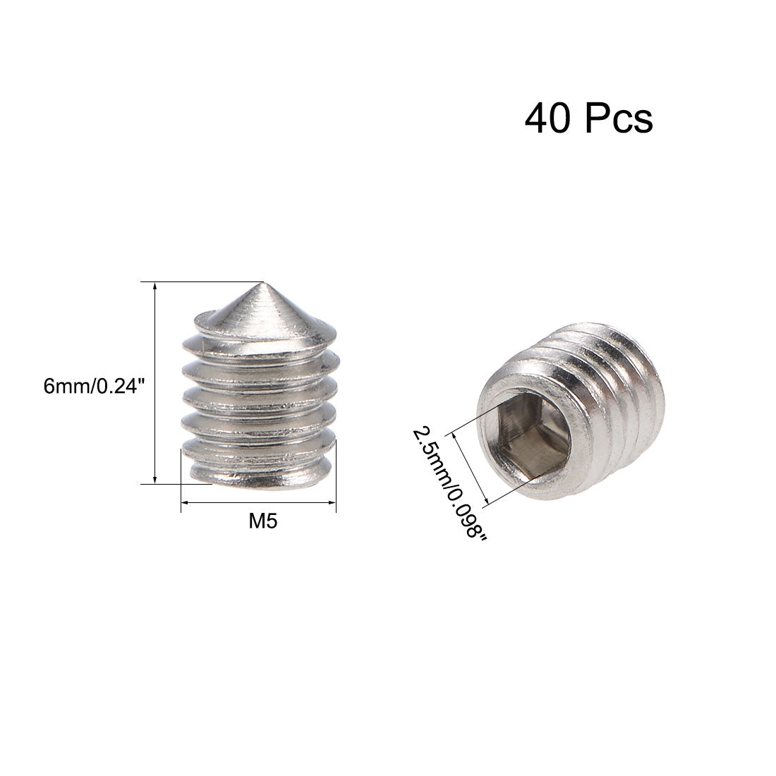 uxcell Uxcell 40Pcs M5x6mm Internal Hex Socket Set Grub Screws Cone Point 304 Stainless Steel Screw