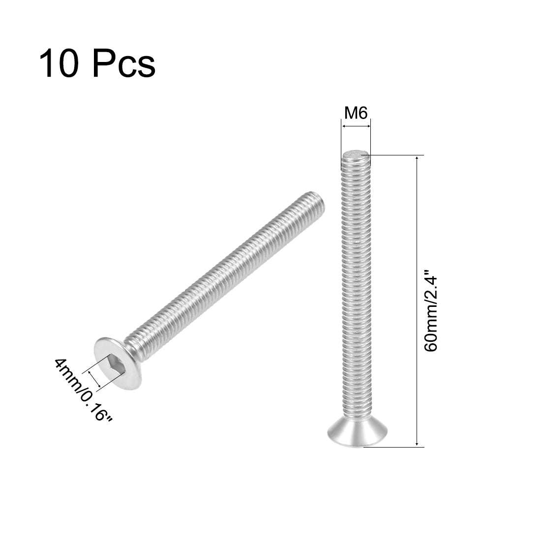 uxcell Uxcell M6x60mm Flat Head Machine Screws Inner Hex Screw 304 Stainless Steel Fasteners Bolts 10Pcs