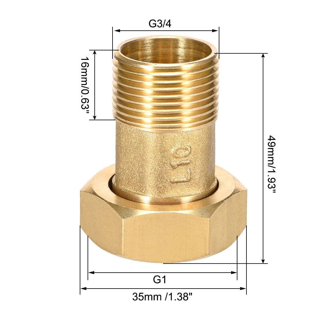 uxcell Uxcell Brass Pipe Fitting, Hex Nipple, G3/4 Male x G1 Female Threaded Connector Water Meter Coupling 49mm Length 2Pcs