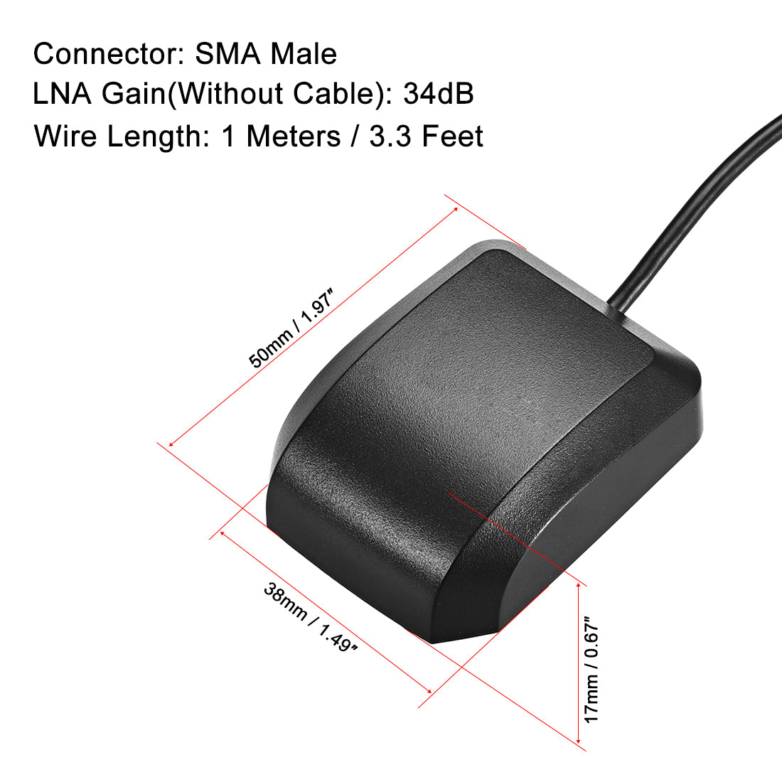 uxcell Uxcell GPS-Aktivantenne SMA-Stecker 90-Grad 34dB Antennenanschlusskabel mit magnetischer Befestigung 1 Meter Draht L