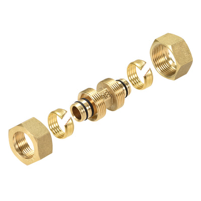 Harfington Uxcell Brass Compression Tube Fitting Connector Adapter for 14mm Tube ID 18mm Tube OD Gold Tone 2pcs