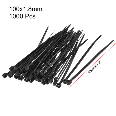 Harfington Uxcell Cable Zip Ties 100mmx1.8mm Self-Locking Nylon Tie Wraps Black 1000pcs