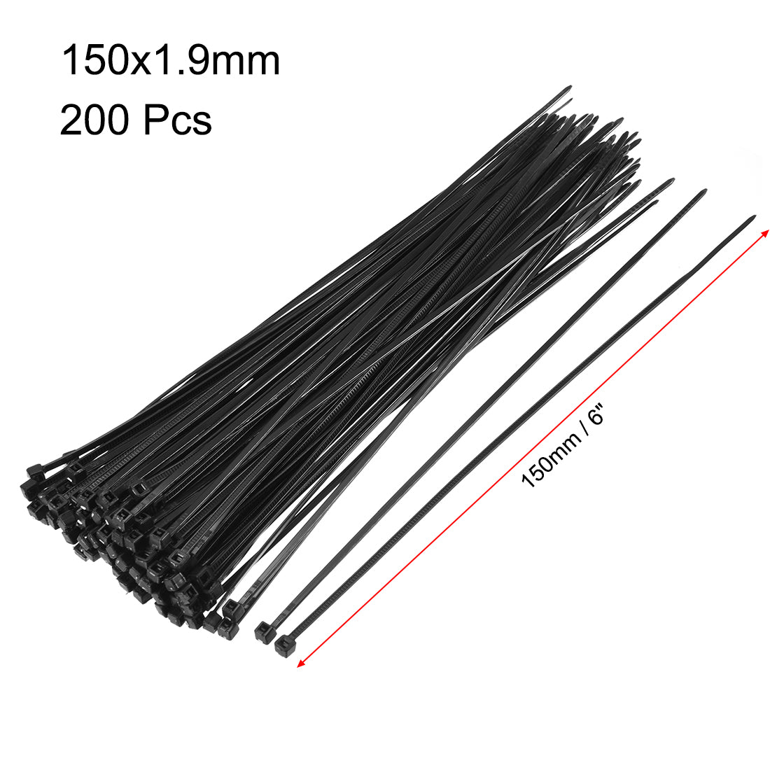 uxcell Uxcell Cable Zip Ties 150mmx1.9mm Self-Locking Nylon Tie Wraps Black 200pcs