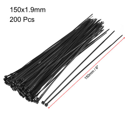 Harfington Uxcell Cable Zip Ties 150mmx1.9mm Self-Locking Nylon Tie Wraps Black 200pcs