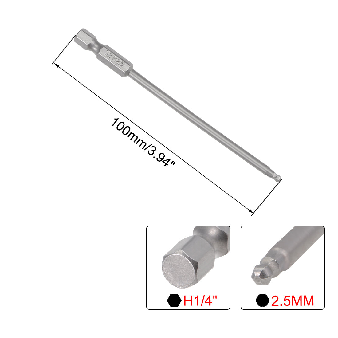 uxcell Uxcell kugelende Hex Bit Sechskantschaft magnetischer Kopf Schraubendreher S2 1/4 Inch Länge H1 / 4 * 100mm * 2.5MM Pcs