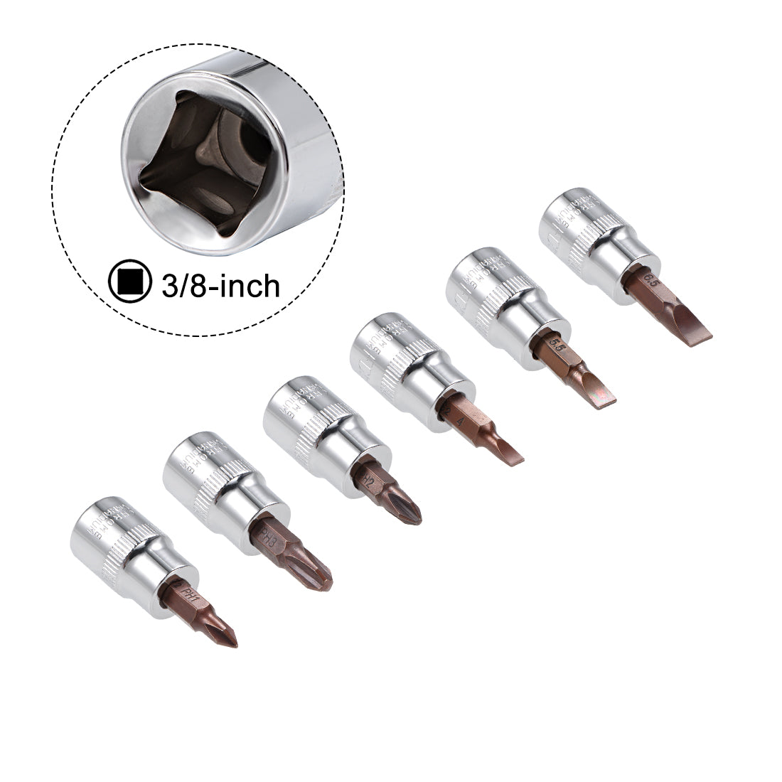 uxcell Uxcell 3/8" Drive Phillips Slotted Bit Socket Set, S2 Steel Bits, CR-V Sockets 6-Piece (PH1-PH3, FD4-FD6.5)