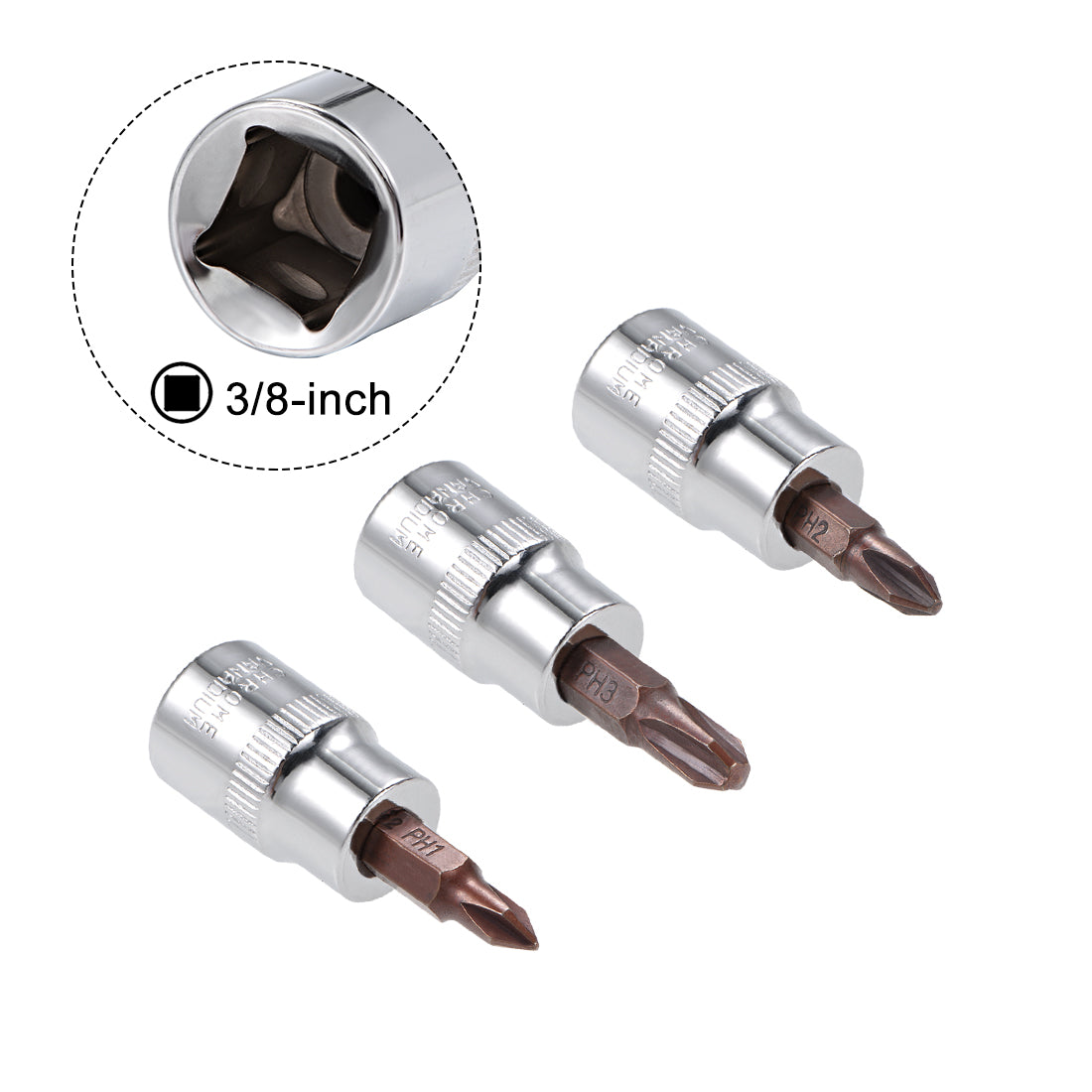 uxcell Uxcell 3/8" Drive x PH1 - PH3 Phillips Bit Socket Set, S2 Steel Bits, CR-V Sockets 48mm Length (For Hand Use Only)