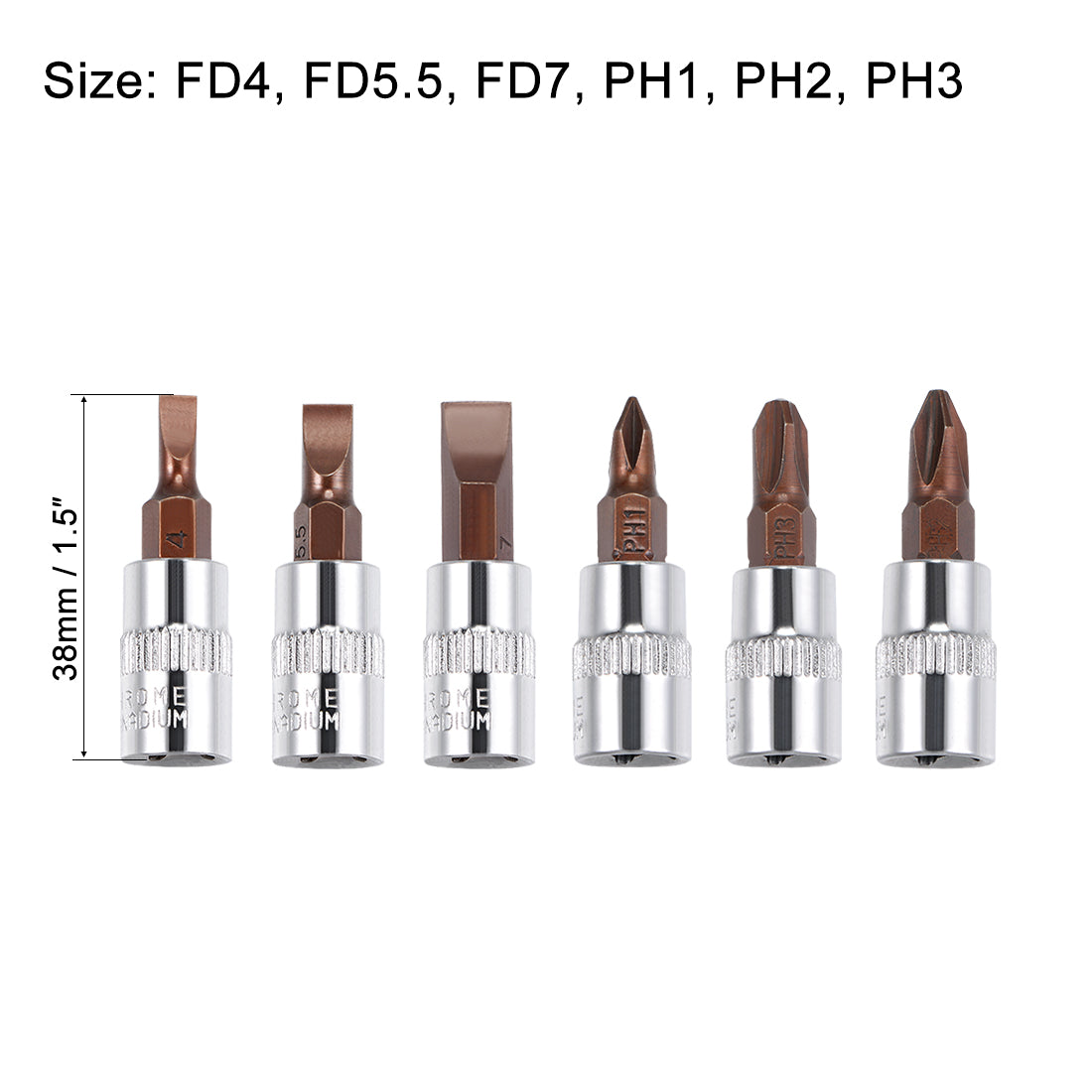 uxcell Uxcell 1/4" Drive Phillips Slotted Bit Socket Set, S2 Steel Bits, CR-V Sockets 6-Piece (PH1-PH3, FD4-FD7)