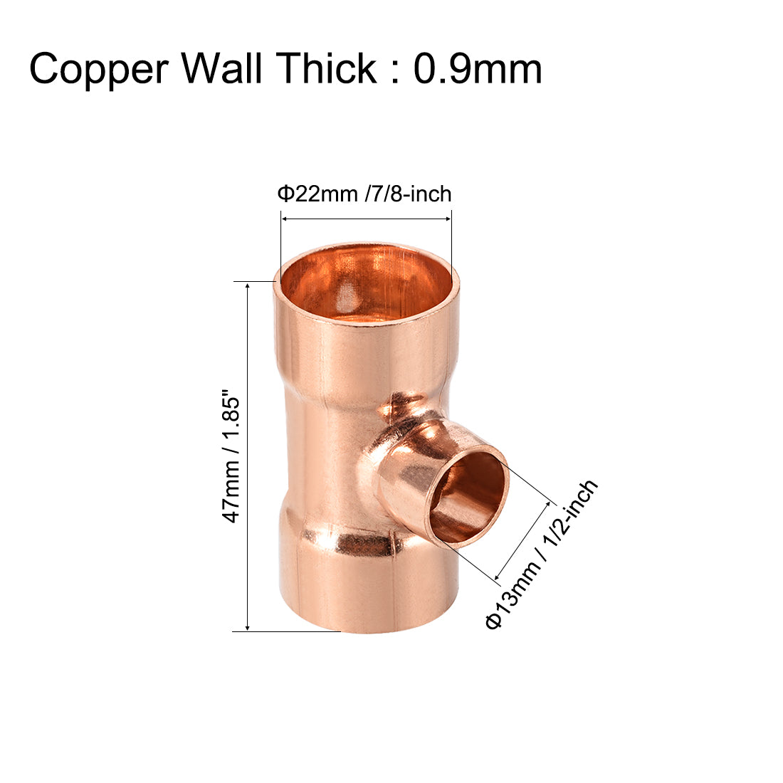 uxcell Uxcell 7/8-inch x 1/2-inch x 7/8-inch Copper Reducing Tee Copper Pressure Pipe Fitting Conector  for Plumbing Supply and Refrigeration 2pcs