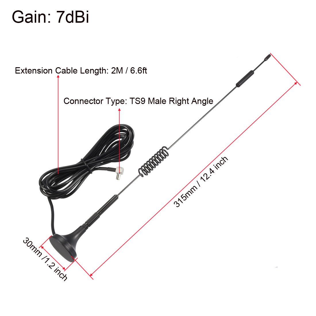 uxcell Uxcell GSM GPRS WCDMA LTE Antenna 4G 7dBi High Gain 700-2700MHz TS9 Male Right Angle Connector with 2M RG174 Cable Magnetic Base