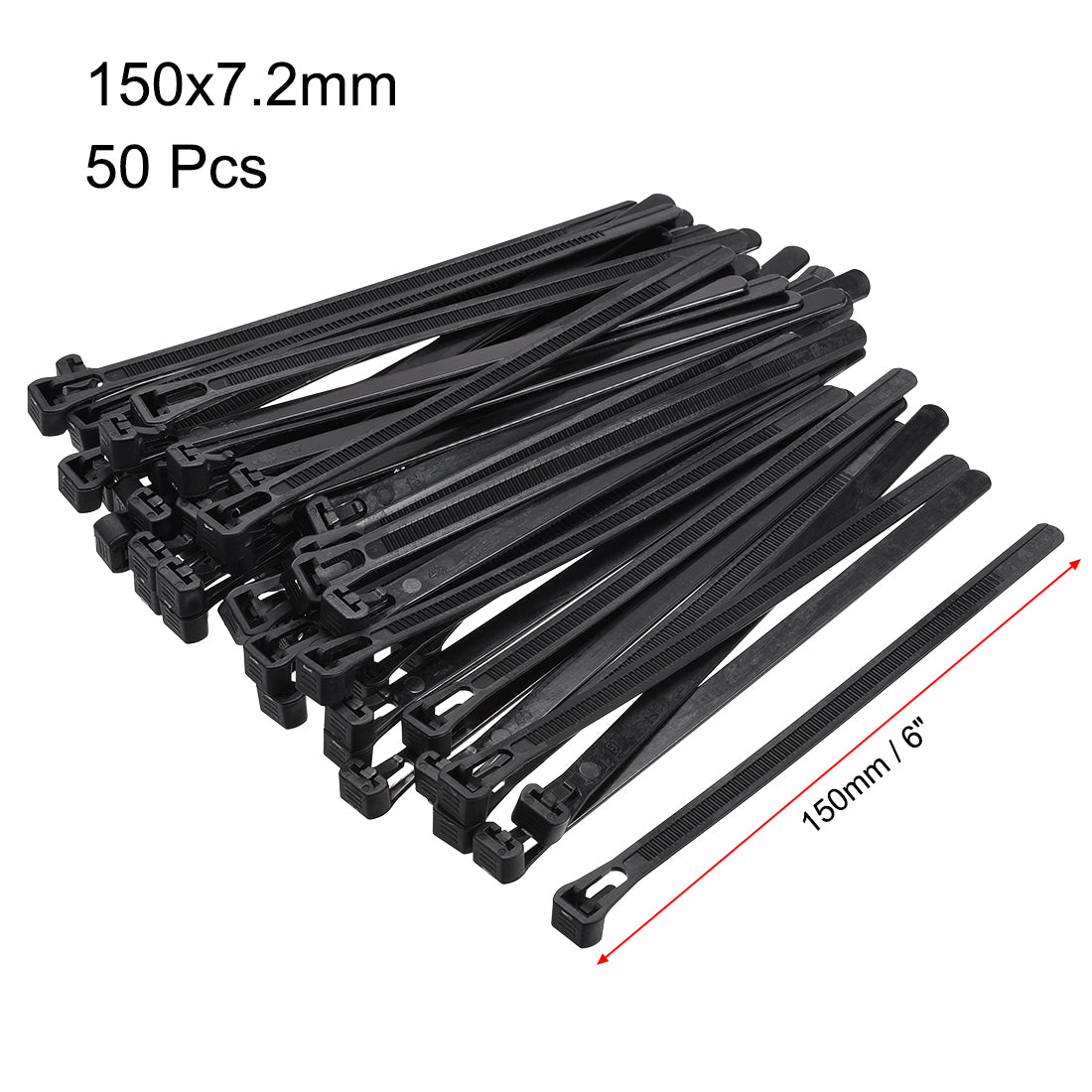 uxcell Uxcell Reusable Cable Ties 150mmx7.2mm Adjustable Nylon Zip Ties Wraps Black 50pcs