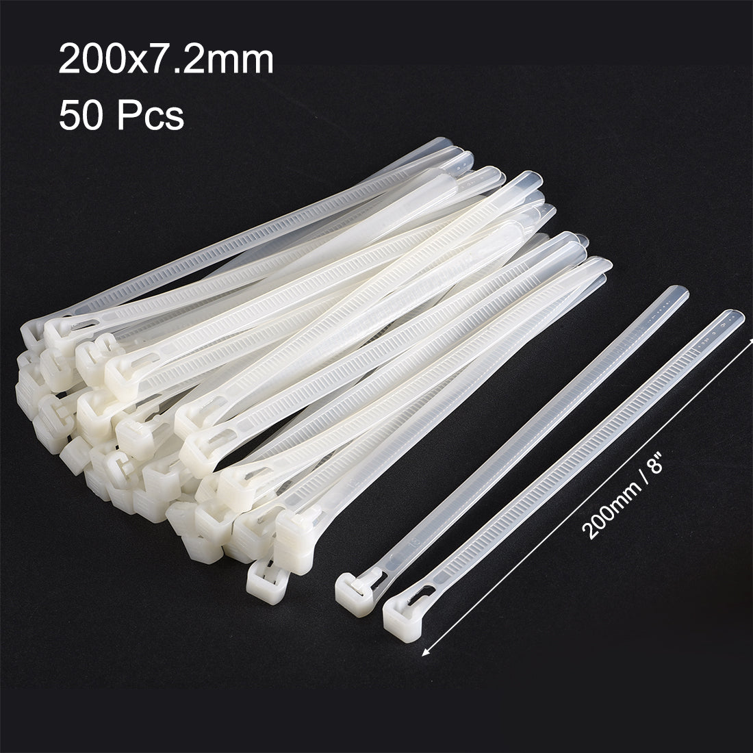 uxcell Uxcell Reusable Cable Ties 200mmx7.2mm Adjustable Nylon Zip Ties Wraps White 50pcs