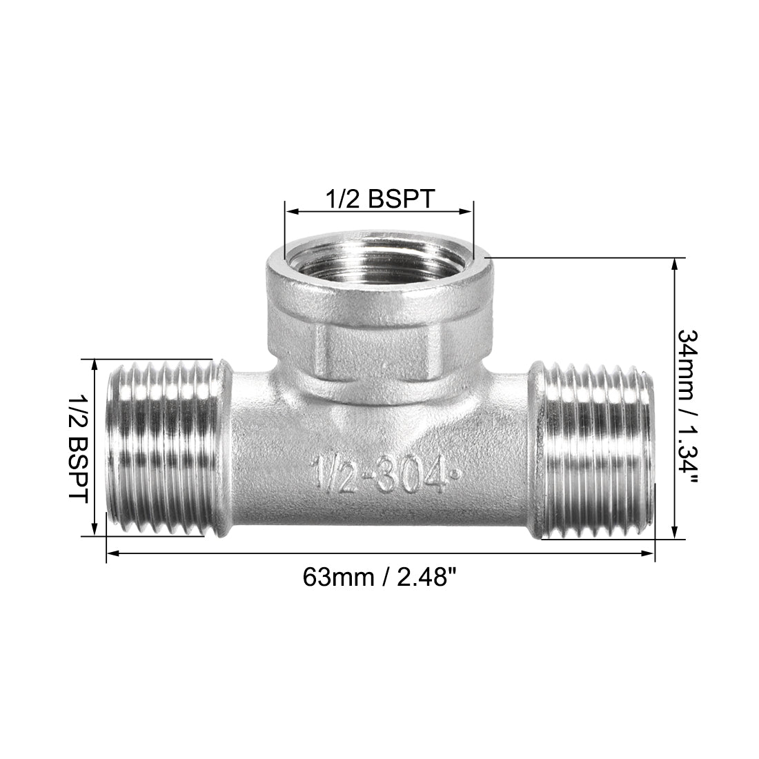 uxcell Uxcell Stainless Steel 304 Cast  Pipe Fitting 1/2 BSPT Male x 1/2 BSPT Femalex 1/2 BSPT Male Tee Shaped Connector Coupler