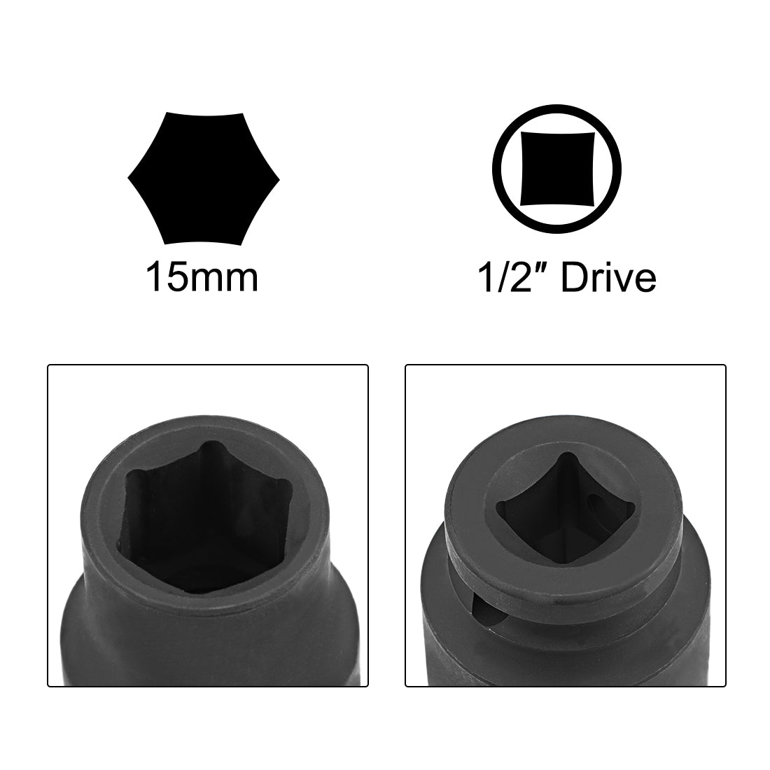 uxcell Uxcell 3 Pcs 1/2-Inch Drive by 15mm Shallow Impact Socket, Cr-Mo, 6-Point, Metric