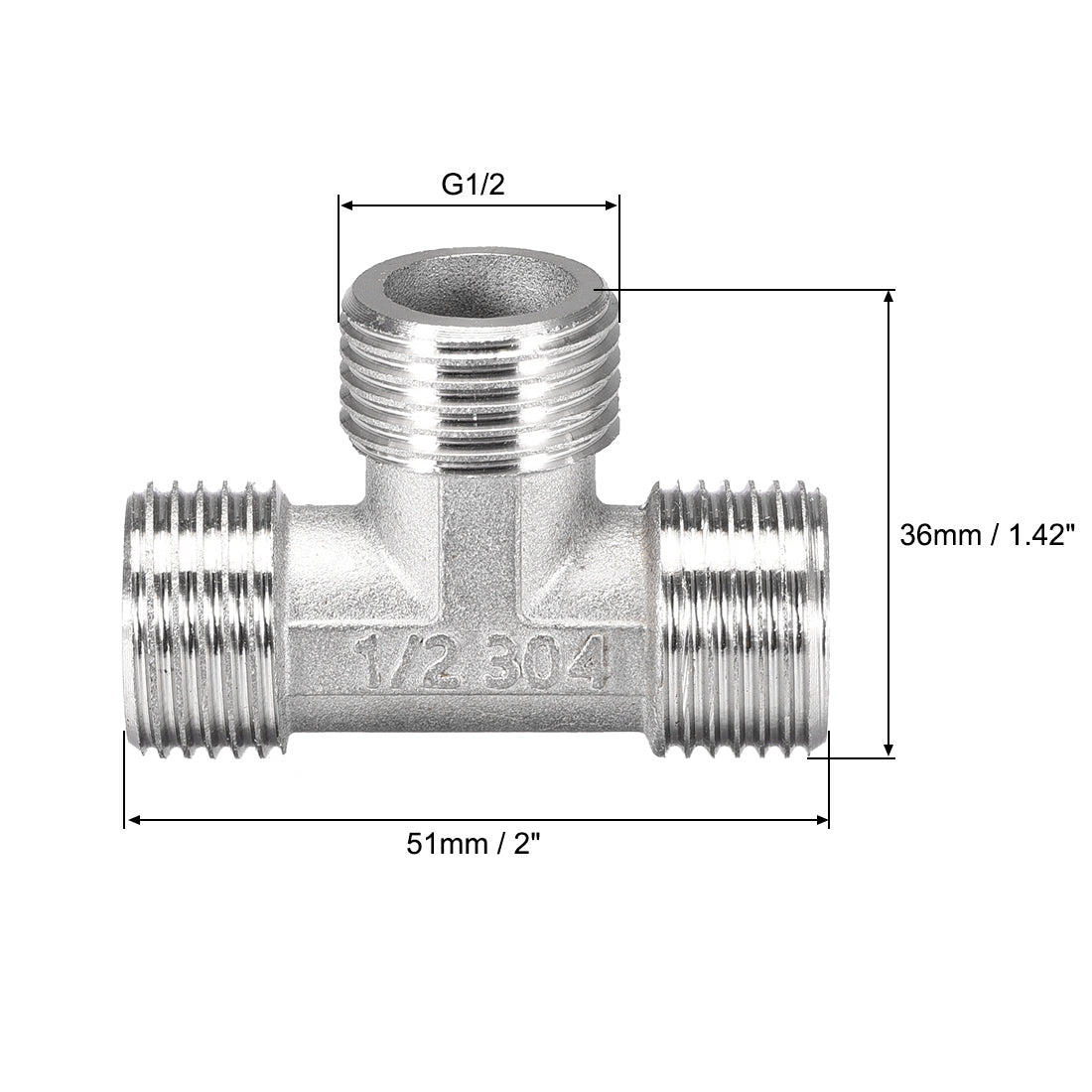 uxcell Uxcell Stainless Steel 304 Cast  Pipe Fitting G1/2 Male Tee Shaped Connector Coupler