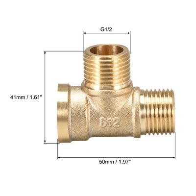 Harfington Uxcell Brass Tee Pipe Fitting G1/2 Male x G1/2 Male  x G1/2 Female T-Shaped Connector Coupler 2pcs