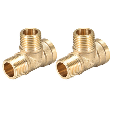 Harfington Uxcell Brass Tee Pipe Fitting G1/2 Male x G1/2 Male  x G1/2 Female T-Shaped Connector Coupler 2pcs