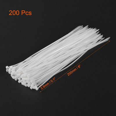 Harfington Uxcell Cable Zip Ties 200mmx2.5mm Multi-Purpose Nylon Tie Wraps White 200pcs