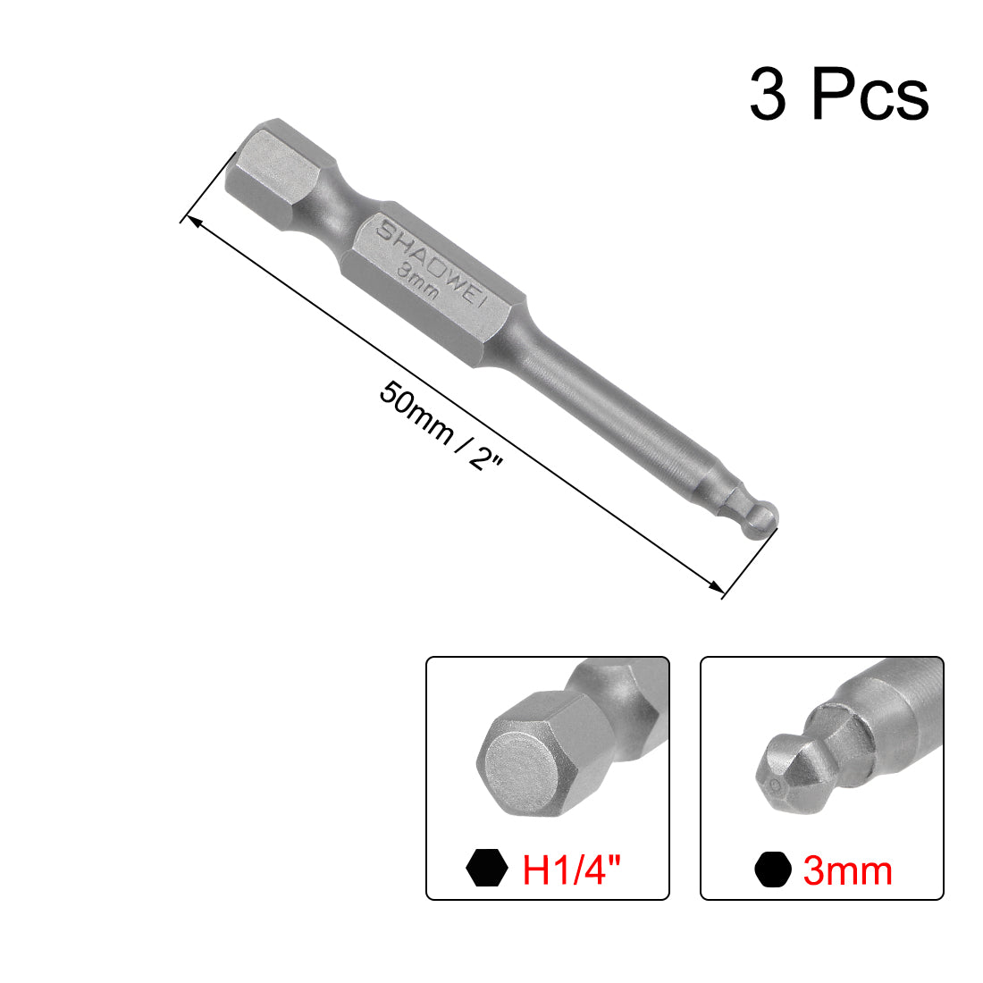 uxcell Uxcell 3 Stücke Kugelkopf Sechskant Bits 1/4 Zoll 2 Zoll Länge Magnetische H3 Kopf S2 HRC58 Schraubendreher