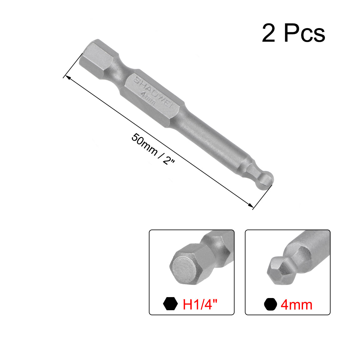 uxcell Uxcell 2 Stücke Kugelkopf Sechskant Bits 1/4 Zoll 2 Zoll Länge Magnetische H4 Kopf S2 HRC58 Schraubendreher