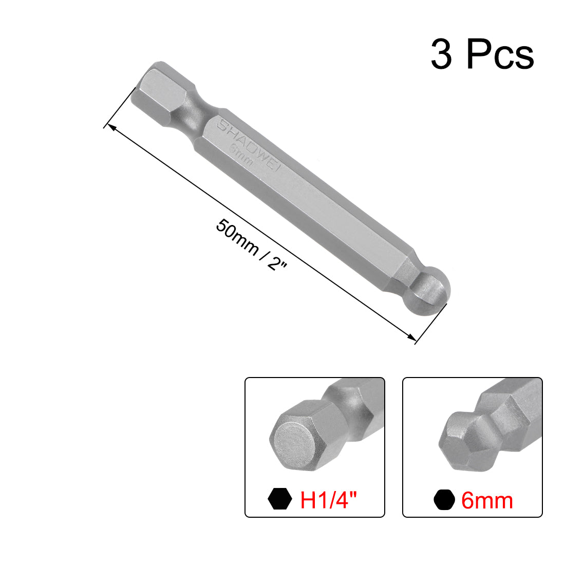 uxcell Uxcell 3 Stücke Kugelkopf Sechskant Bits 1/4 Zoll 2 Zoll Länge Magnetische H6 Kopf S2 HRC58 Schraubendreher Bit