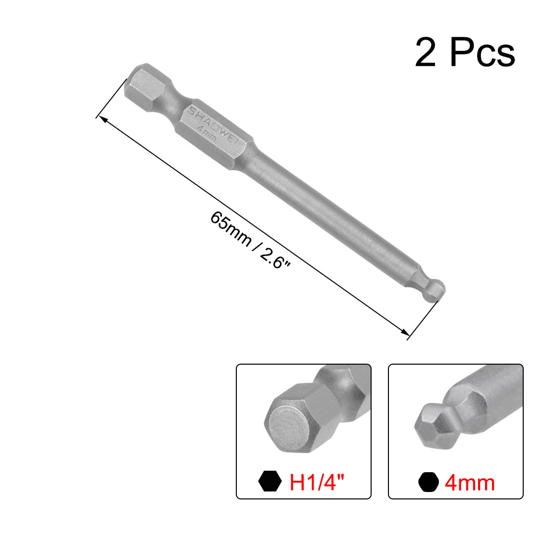 uxcell Uxcell 2 Stücke Kugelkopf 1/4 Zoll Sechskantschaft 2,6 Zoll Länge Magnetische H4 Kopf S2 HRC58 Schraubendreher Bit