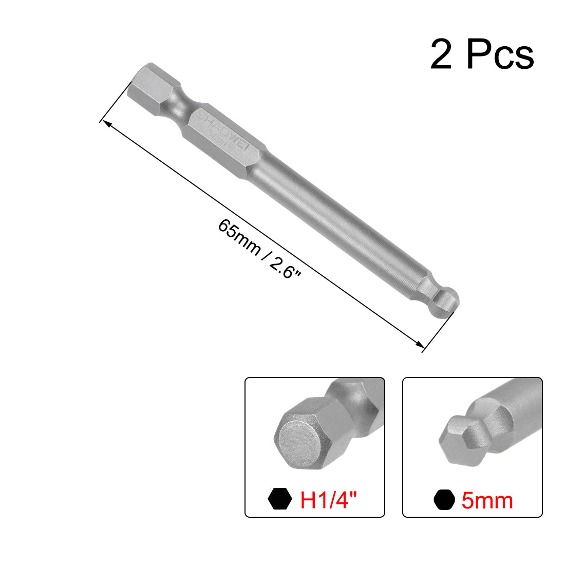 uxcell Uxcell 2 Stücke Kugelkopf Bits 1/4 Zoll Sechskantschaft 2,6 Zoll Länge Magnetische H5 Kopf S2 HRC58 Schraubendreher Bit