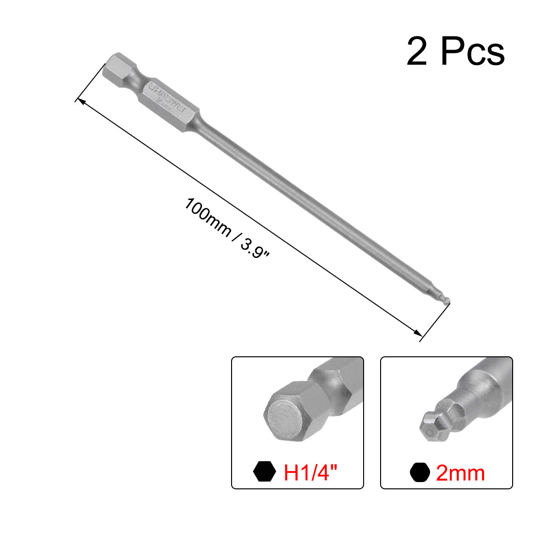 uxcell Uxcell 2 Stücke Kugelkopf Sechskant 1/4 Zoll 3,9 Zoll Länge Magnetische H2 Kopf S2 HRC58 Schraubendreher Bit