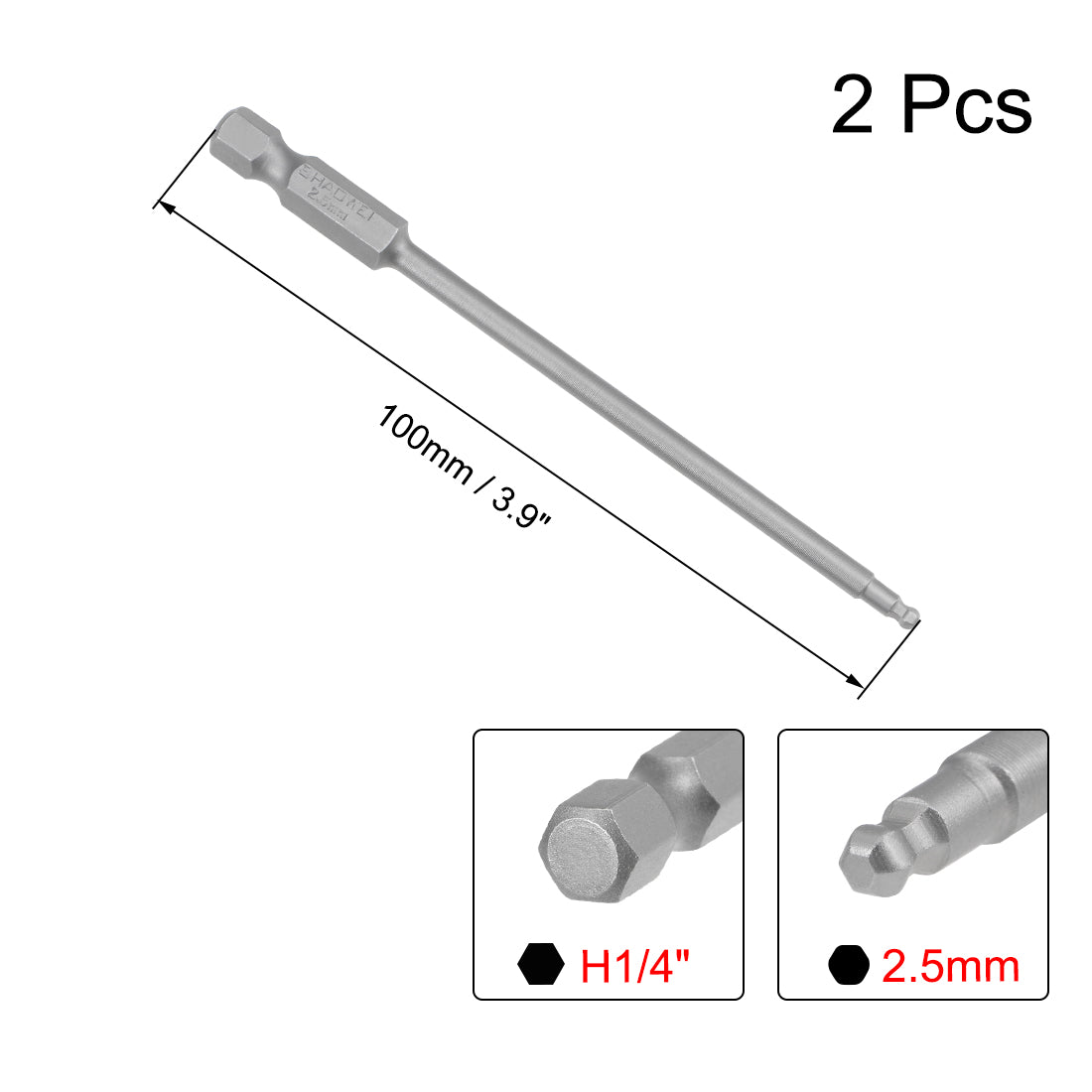 uxcell Uxcell 2 Stücke Kugelkopf Sechskant Bits 1/4 Zoll Sechskantschaft 3,9 Zoll Länge Magnetische H2,5 Kopf S2 HRC58 Schraubendreher Bit