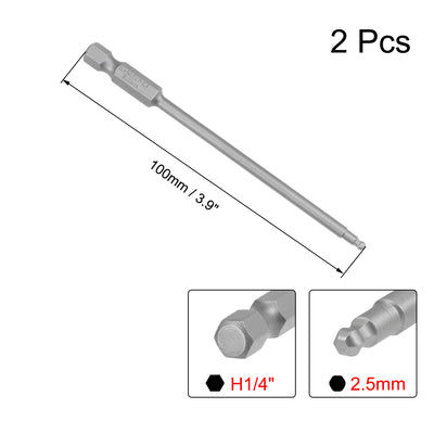 Harfington Uxcell 2 Stücke Kugelkopf Sechskant Bits 1/4 Zoll Sechskantschaft 3,9 Zoll Länge Magnetische H2,5 Kopf S2 HRC58 Schraubendreher Bit