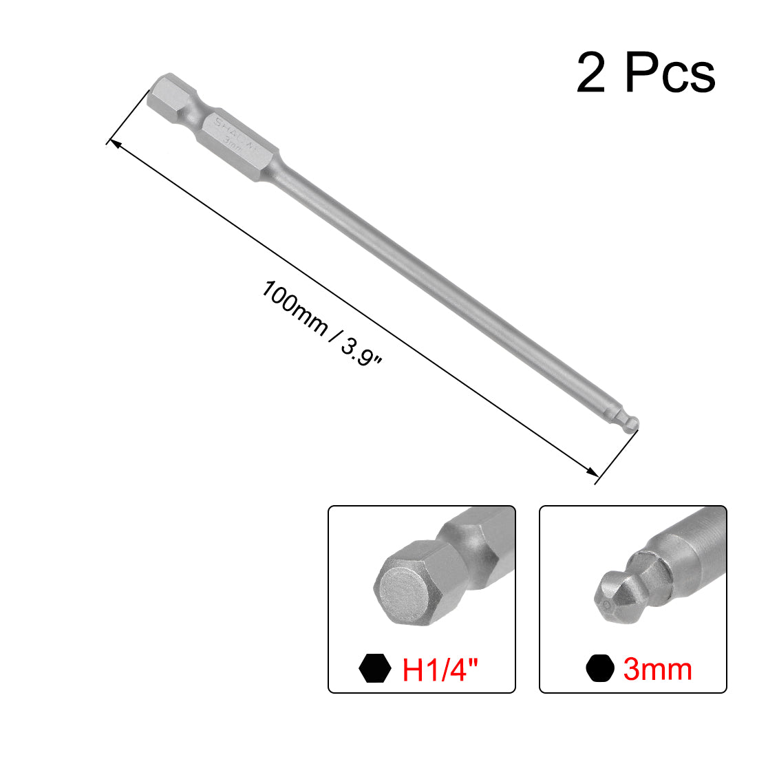 uxcell Uxcell 2stk. Kugelkopf Sechskant Bits 1/4 Zoll Sechskantschaft 3,9 Zoll Länge Magnetische H3 Kopf S2 HRC58 Schraubendreher Bit