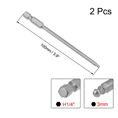 Harfington Uxcell 2stk. Kugelkopf Sechskant Bits 1/4 Zoll Sechskantschaft 3,9 Zoll Länge Magnetische H3 Kopf S2 HRC58 Schraubendreher Bit