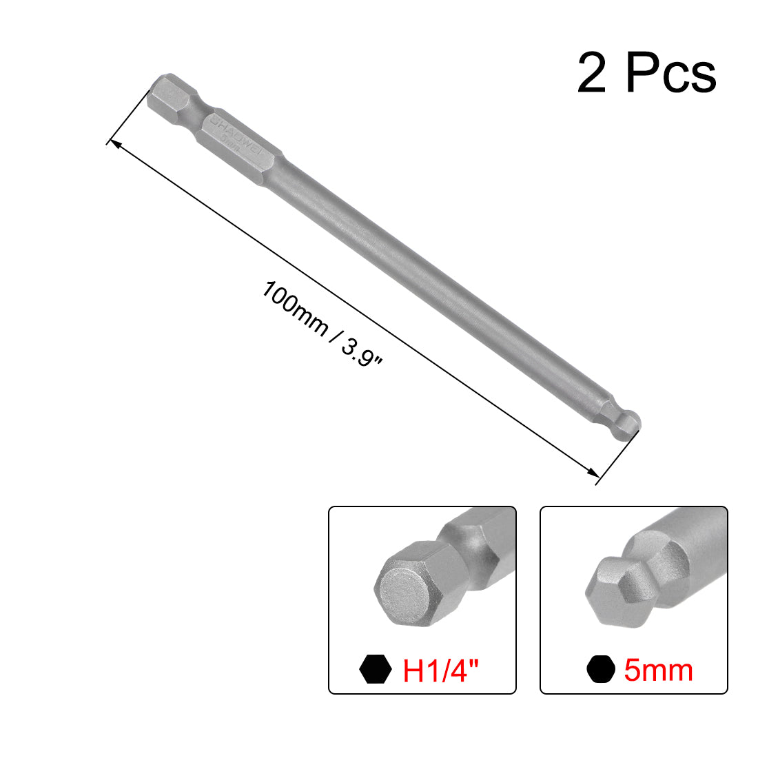 uxcell Uxcell 2stk.Kugelkopf Sechskant Bits 1/4 Zoll Sechskantschaft 3,9 Zoll Länge Magnetische H5 Kopf S2 HRC58 Schraubendreher Bit