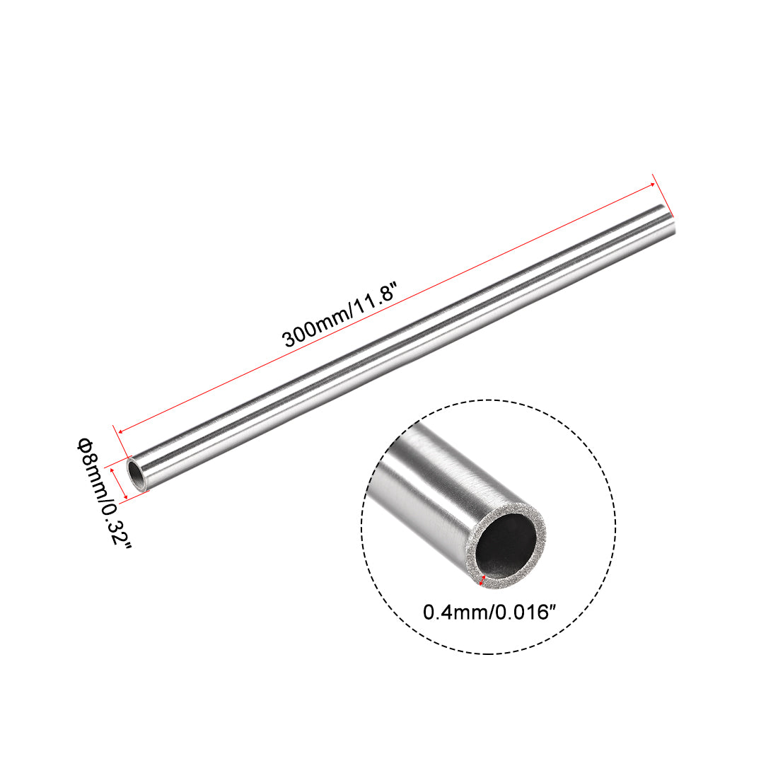 uxcell Uxcell 304 Stainless Steel Capillary Tube 7.2mm ID 8mm OD 300mm Long 0.4mm Wall