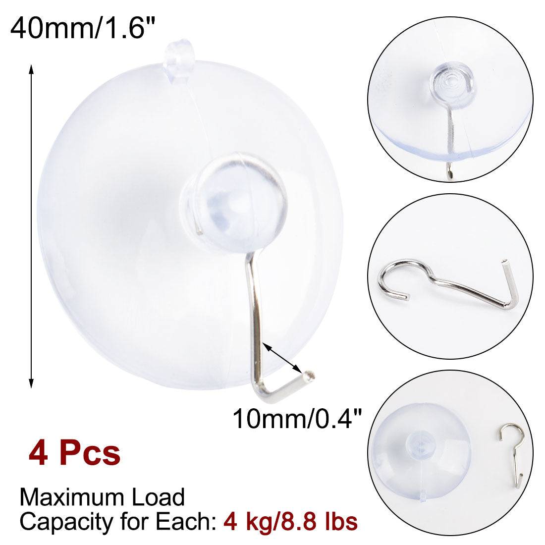 uxcell Uxcell 4pcs Suction Cup Hook 1.6" Removable Metal Hook Wall Vacuum Hooks Hangers Clear