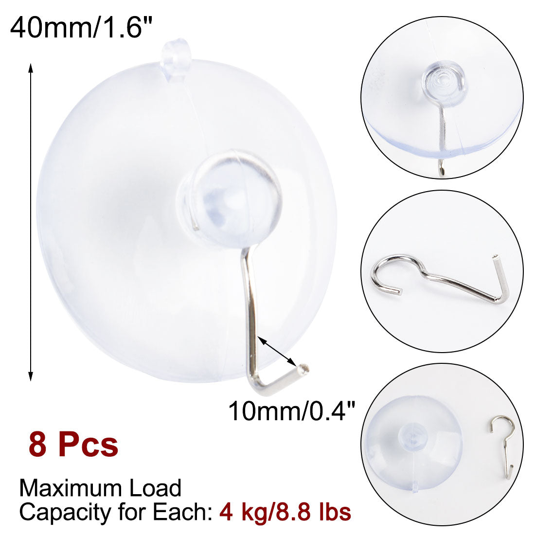 uxcell Uxcell 8pcs Suction Cup Hook 1.6" Removable Metal Hook Wall Vacuum Hooks Hangers Clear