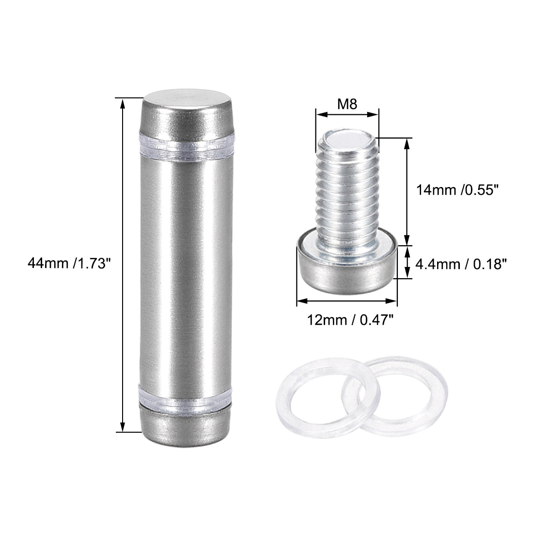 uxcell Uxcell Glass Standoff Double Head Stainless Steel Standoff Holder 12mm x 44mm 6 Pcs