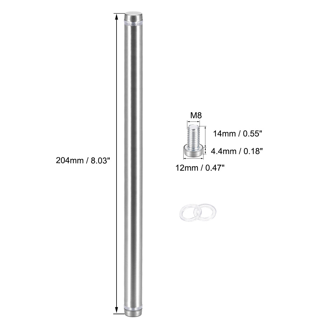 uxcell Uxcell Glass Standoff Double Head Stainless Steel Standoff Holder 12mm x 204mm 8 Pcs