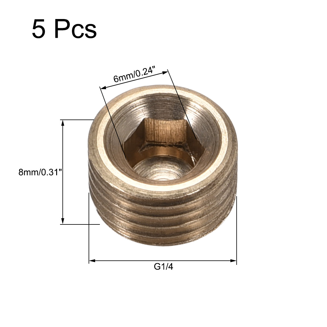 uxcell Uxcell Brass Pipe Fitting - Hex Counter Sunk Plug G1/4 Male Socket Drive Countersunk Pipe Plugs 5pcs