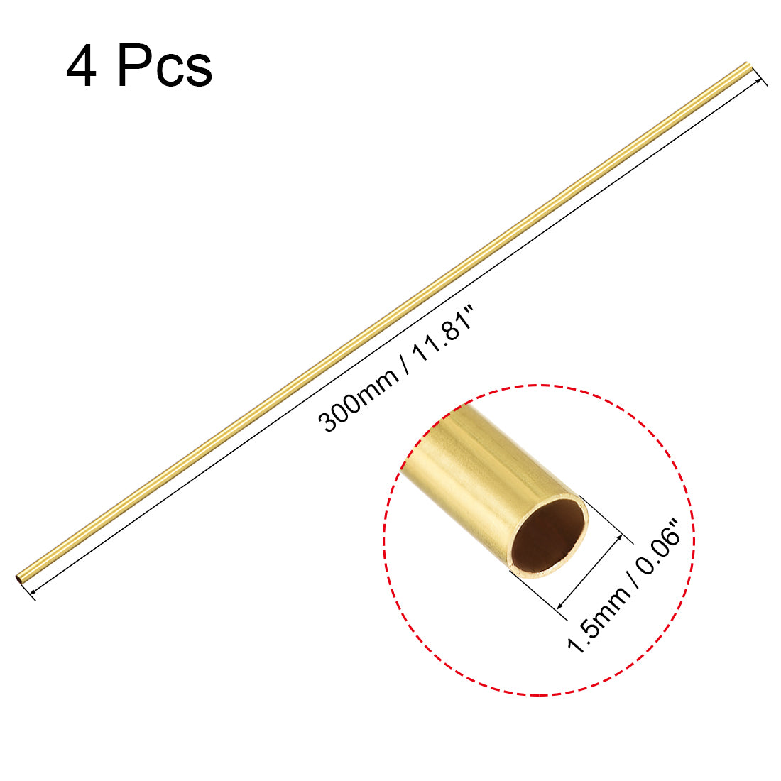 uxcell Uxcell 4Stk Messing Runde Röhre Schlauch für Korrosionsbeständigkeit 300mm Länge 1,5mm OD Nahtlose gerades Rohr langanhaltende Haltbarkeit 0,2mm Wandstärke