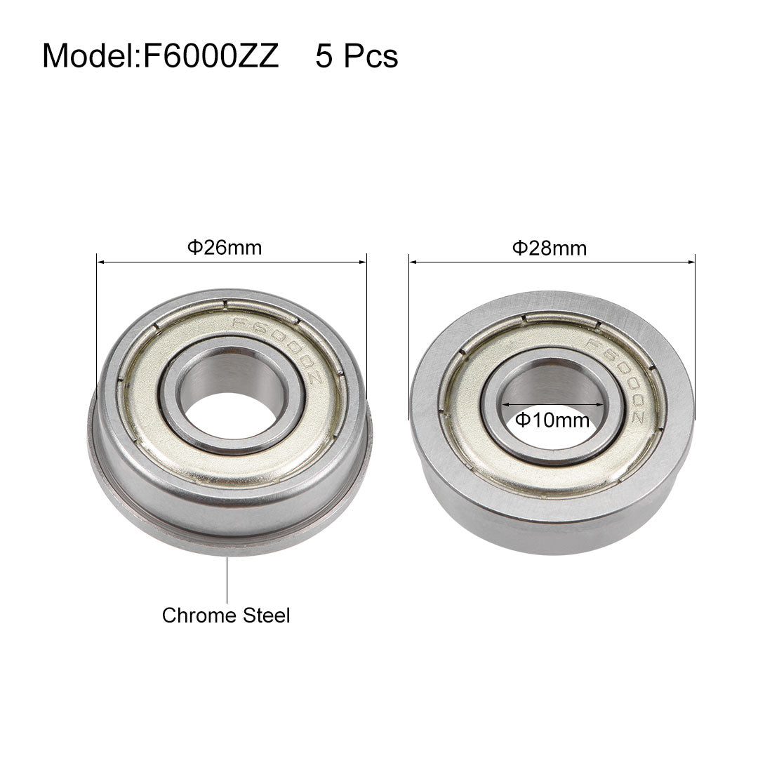 uxcell Uxcell F6000ZZ Flange Ball Bearing 10x26x8mm Shielded Chrome Bearings 5pcs