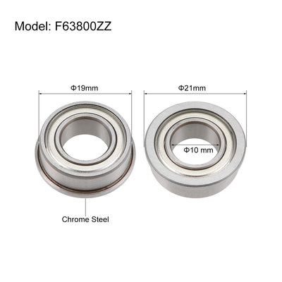 Harfington Uxcell F63800ZZ Flange Ball Bearing 10x19x7mm Shielded Chrome Bearings