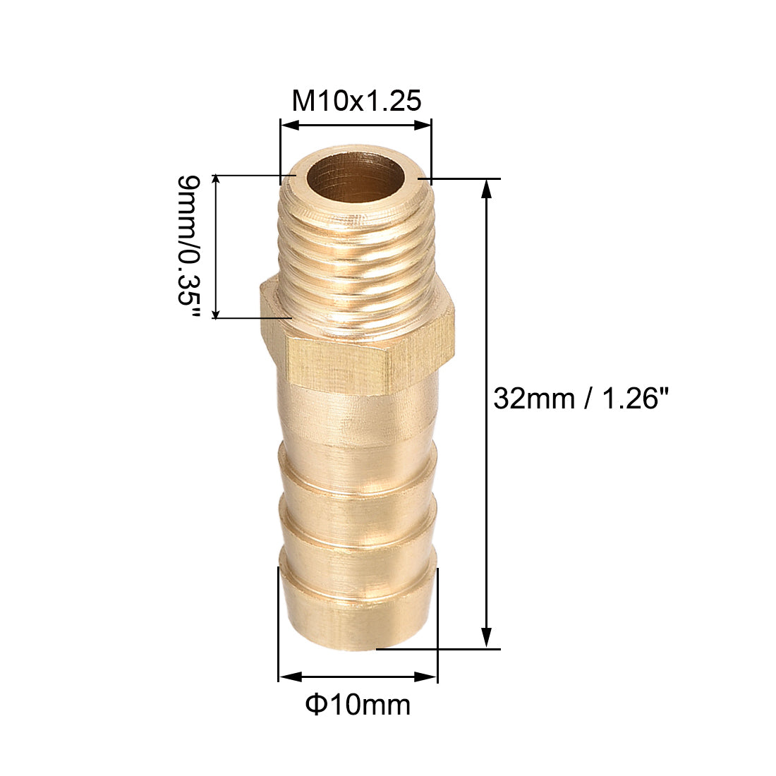 uxcell Uxcell Brass Fitting Connector Metric M10-1.25 Male to Barb Fit Hose ID 10mm 4pcs