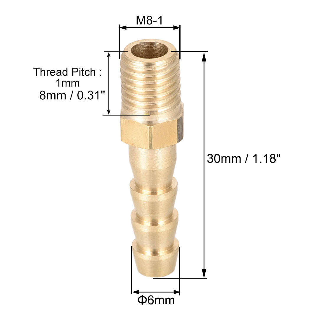 uxcell Uxcell Brass Fitting Connector Metric M8-1 Male to Barb Fit Hose ID 6mm 2pcs